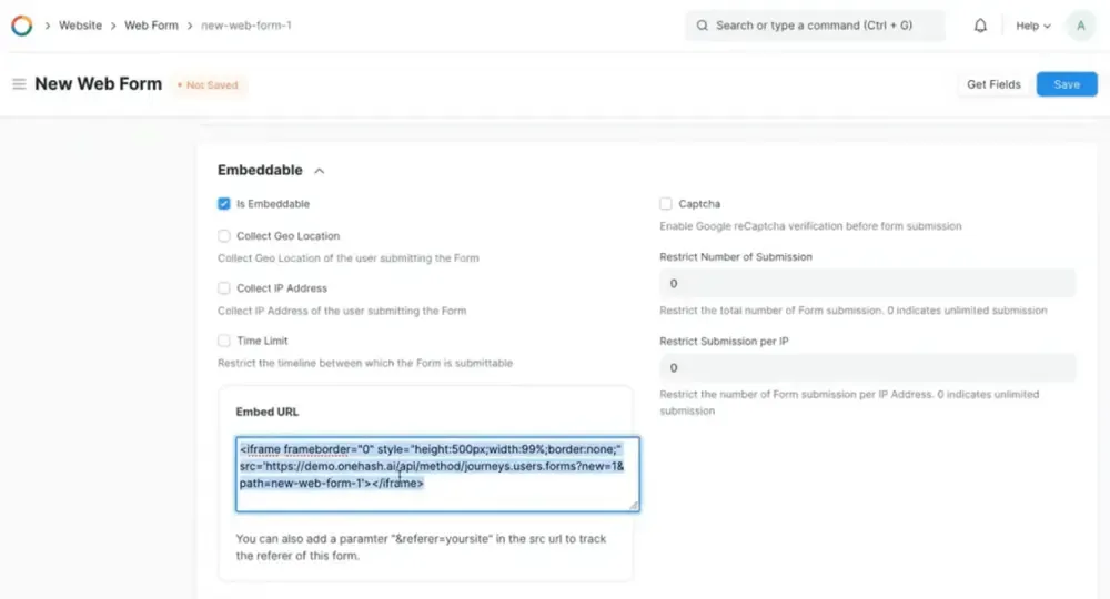 The web form editor, showing the embed snippet that goes on your own site.